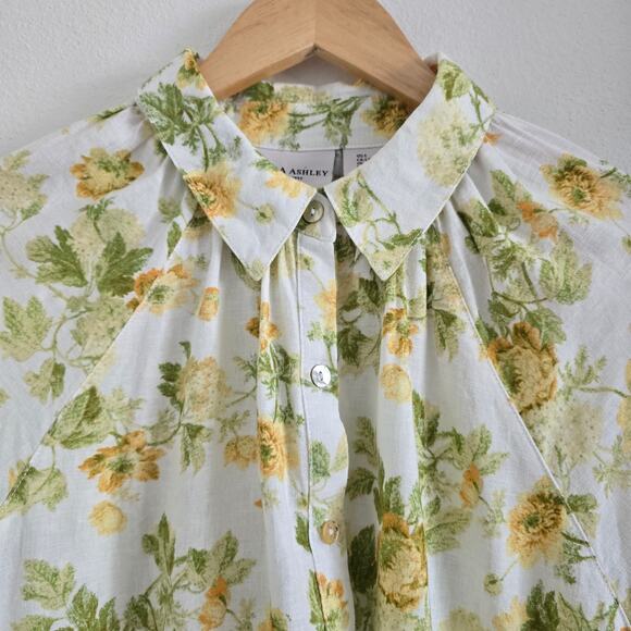 Laura Ashley Linen Blend Yellow Floral Raglan Button Up Shirt Size L Cottagecore - Picture 2 of 9